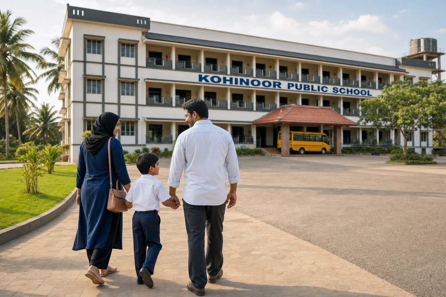 A family walking toward Kohinoor Public School during a campus visit